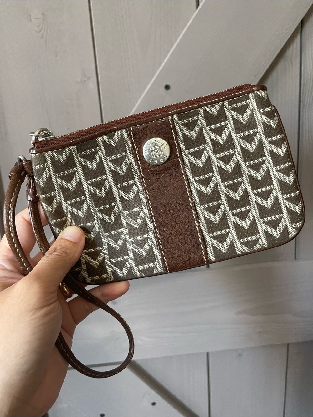 Michael Kors Wristlet Coin Pouch in Brown and Cream